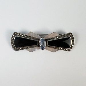 Vintage Sterling Silver Onyx Marcasite Blue Topaz Mother of Pearl Bow Pin Brooch